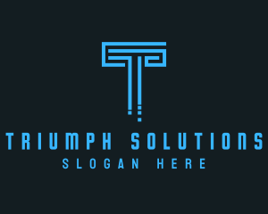 Blue Techno Pillar Letter T  logo design