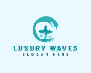 Woman Surfing Waves logo design