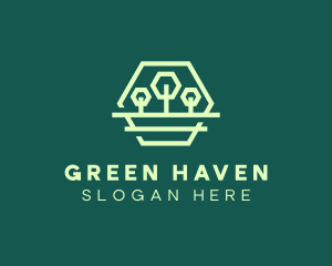 Green Forest Trees Hexagon logo design