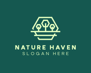 Green Forest Trees Hexagon logo design