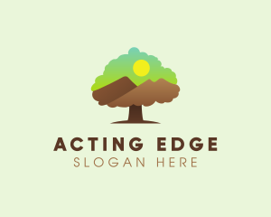 Oak Tree Mountain Sunset logo design