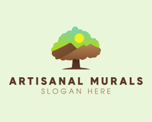 Oak Tree Mountain Sunset logo design