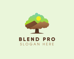 Oak Tree Mountain Sunset logo design