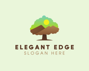 Oak Tree Mountain Sunset logo design