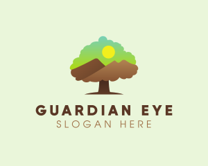 Oak Tree Mountain Sunset logo design