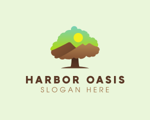 Oak Tree Mountain Sunset logo design