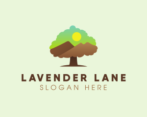 Oak Tree Mountain Sunset logo design