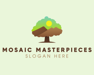 Oak Tree Mountain Sunset logo design