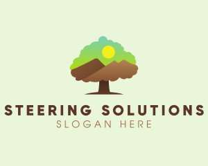 Oak Tree Mountain Sunset logo design