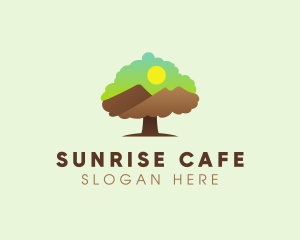 Oak Tree Mountain Sunset logo design