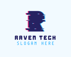 Blue Tech Glitch Letter R logo design