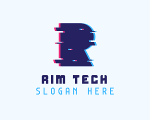 Blue Tech Glitch Letter R logo design