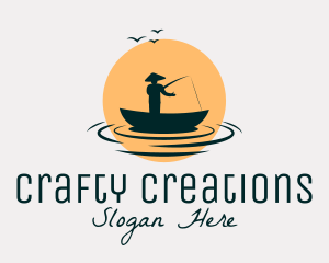 Fisherman Boat Sunset logo design