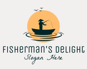 Fisherman Boat Sunset logo design