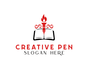 Pen Book Fire Torch logo design