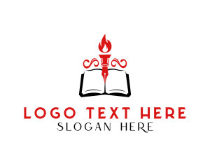 Literacy - Pen Book Fire Torch logo design