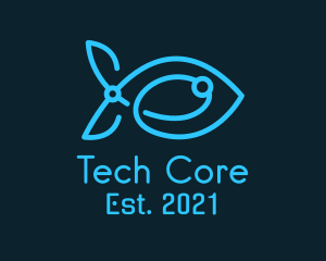 Blue Circuit Tech Fish logo design