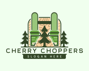 Chainsaw Lumberjack Pine Tree logo design