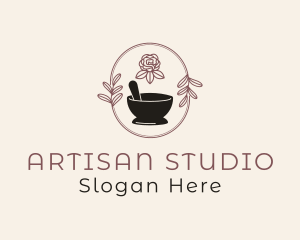 Floral Wreath Mortar Pestle logo design