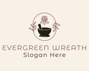 Floral Wreath Mortar Pestle logo design