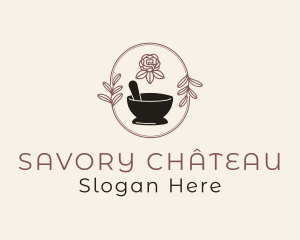 Floral Wreath Mortar Pestle logo design