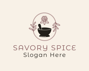 Floral Wreath Mortar Pestle logo design