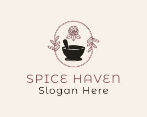 Floral Wreath Mortar Pestle logo design