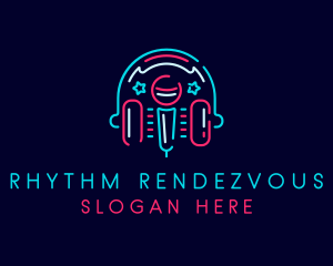 Neon Microphone Headphones logo design