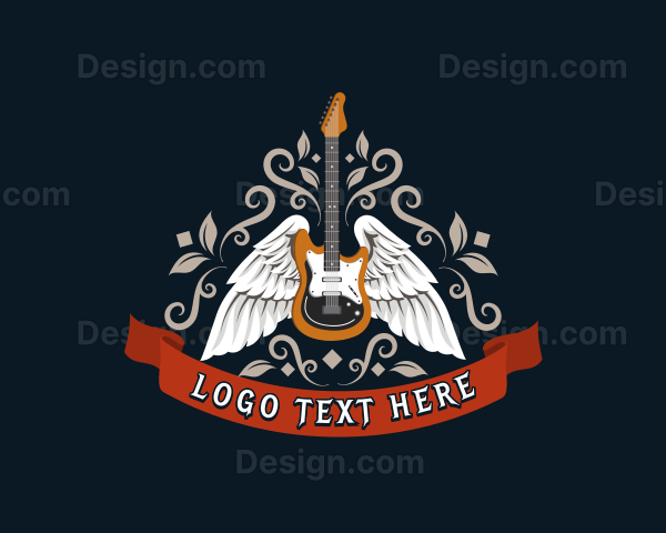 Musical Electric Guitar Wings Band Logo