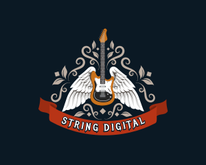 Musical Electric Guitar Wings Band logo design