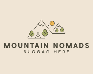 Monoline Mountain Camping Scene logo design