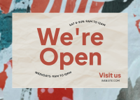 We're Open Crumpled Paper Postcard Design